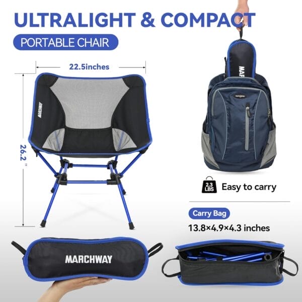 MARCHWAY Ultralight Folding Camping Chair, Heavy Duty Portable Compact for Outdoor Camp, Travel, Beach, Picnic, Festival, Hiking, Lightweight Backpacking (Dark Blue) - Image 3