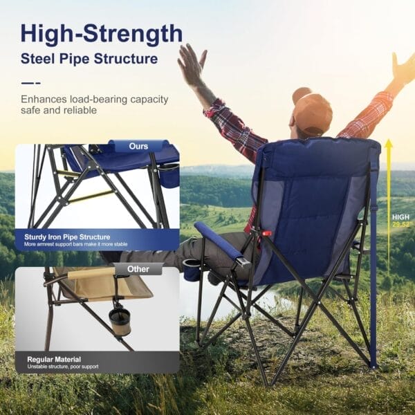 LET'S CAMP Oversized Camping Chairs 29.52" High Back Heavy Duty Lawn Chair Support 500LBS, Portable Collapsible Chair with Cup Holder, Side Pocket,2 Pack(Blue) - Image 7