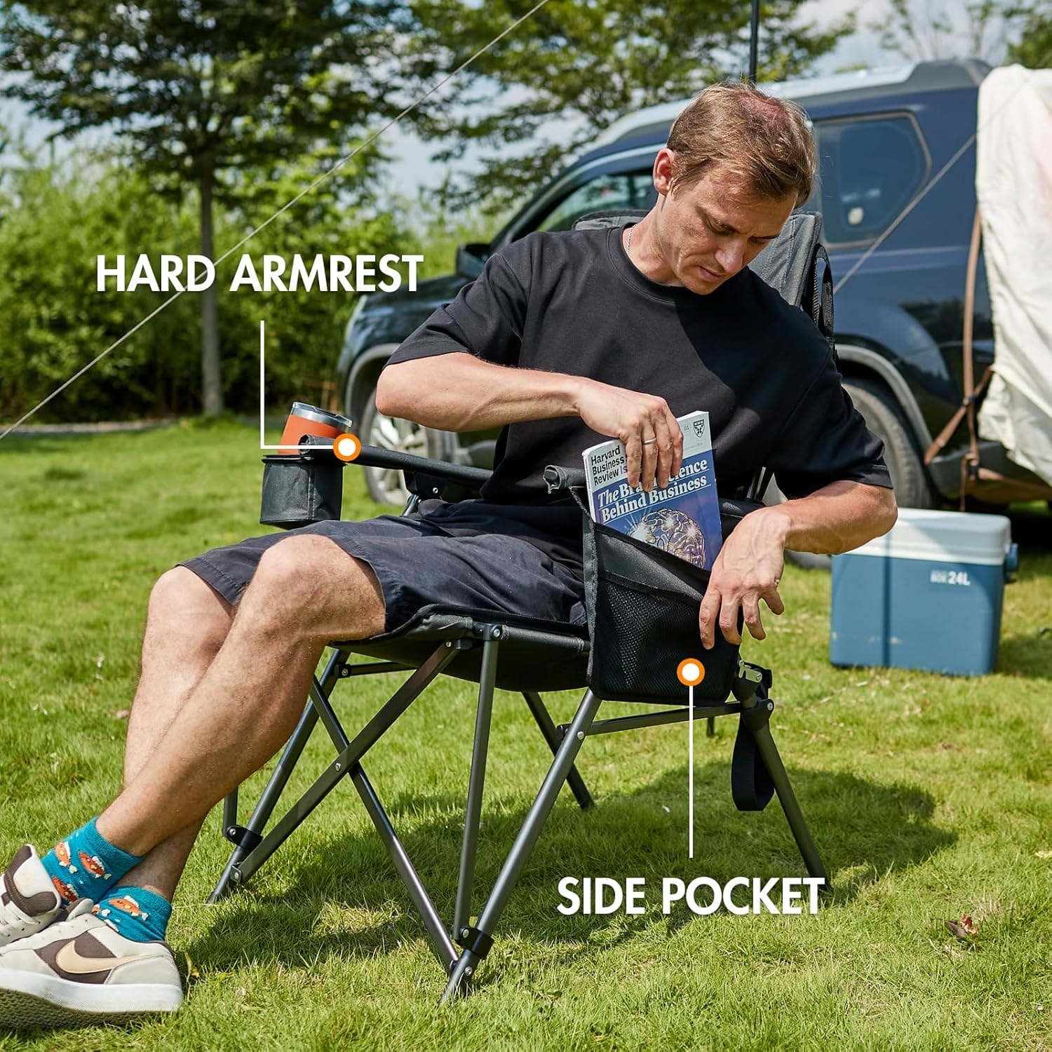 PORTAL Oversized Folding Camping Chair High Back Portable Lawn Chairs for Adults Outdoor Sports with Hard Armrest Cup Holder,Supports 400LBS Black - Image 6