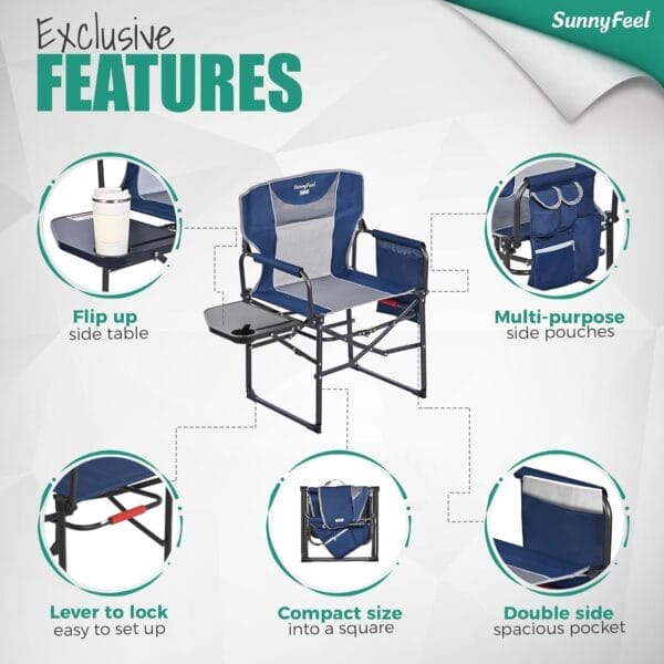 SUNNYFEEL Camping Directors Chair, Heavy Duty,Oversized Portable Folding Chair with Side Table, Pocket for Beach, Fishing,Trip,Picnic,Lawn,Concert Outdoor Foldable Camp Chairs - Image 6