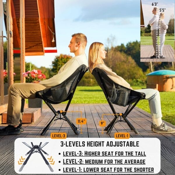 ADJ-Q2 Portable Camping Chair - Adjustable Height Folding Chair, Compact Collapsible Chair, Heavy Duty Outdoor Chair for Camping, Beach, Sports, Supports 350LBS, Leg-Base Enhanced - Black 2025 Edition - Image 3