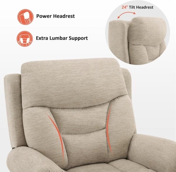 MCombo Triple Motor Power Lift Recliner Chair with Massage and Lumbar&seat Heating, Rolled Arms, Adjustable Headrest for Elderly People, Fabric 7888 (Beige, Medium) - Image 6