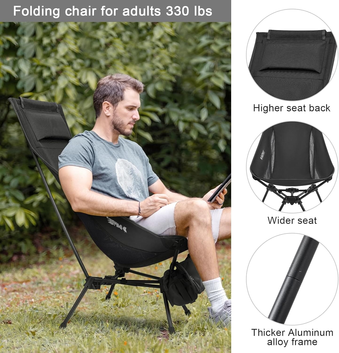 G4Free Folding Lightweight Camp Chair High Back Camping Chair Backpacking Chair Heavy Duty 330lbs with Headrest Pocket Black - Image 4