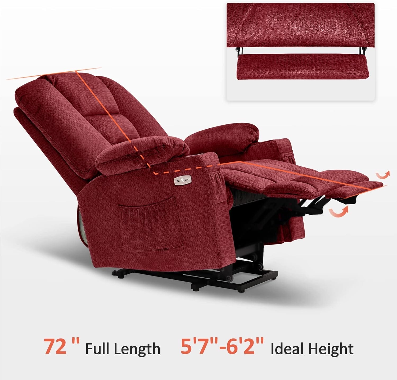 MCombo Large Power Lift Recliner Chair Sofa with Massage and Heat for Big and Tall Elderly People, 3 Positions, Cup Holders, and USB Ports, Fabric 7549 (Large, Burgundy) - Image 7