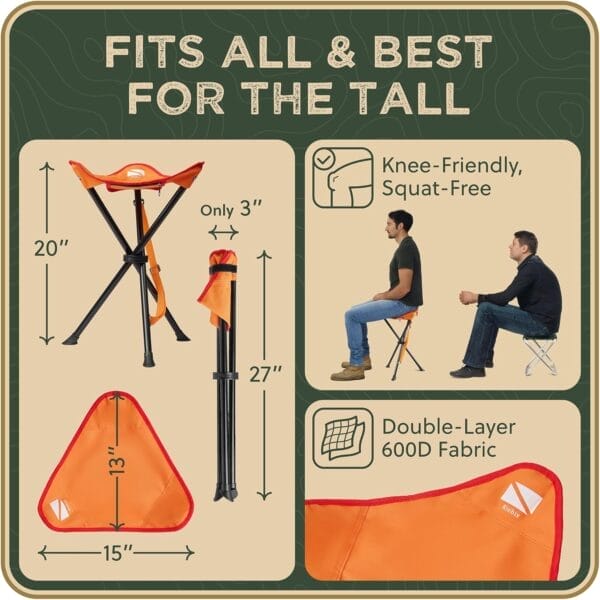 Foldable Tripod Stool - Ultra Portable Seat for Tall People, 20” High - Hunting Chair & Hidden Zippered Pocket - 2 lb Camping Stool, 3 Legged Strong Steel Stool Holds up to 200 lb (Orange) - Image 3