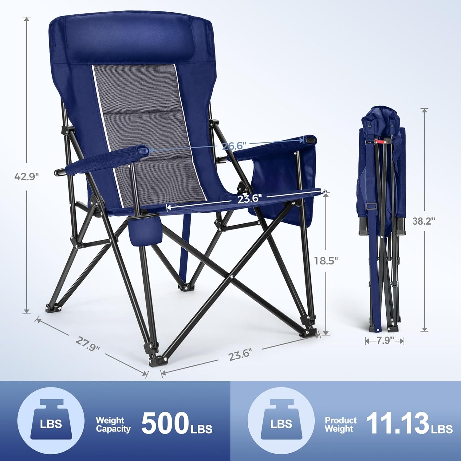 LET'S CAMP Oversized Camping Chairs 29.52" High Back Heavy Duty Lawn Chair Support 500LBS, Portable Collapsible Chair with Cup Holder, Side Pocket,2 Pack(Blue) - Image 2