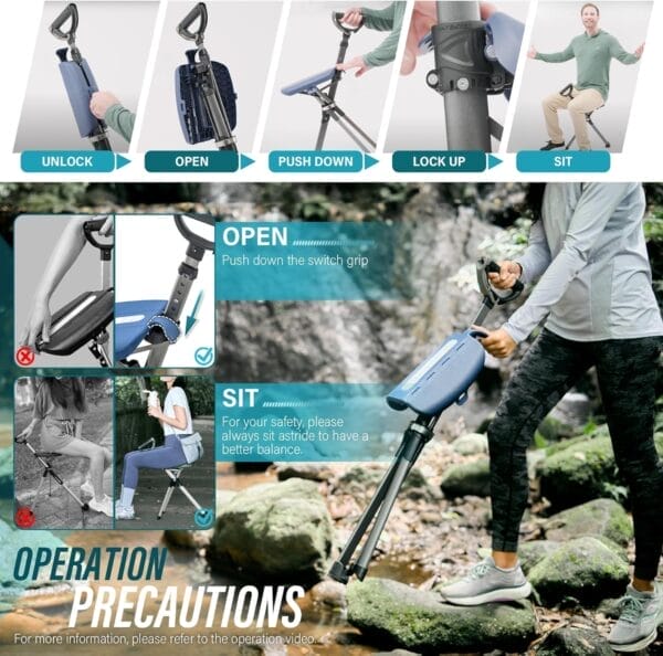 STEP2GOLD Ta-Da Chair Series 2 PRO, Portable Trekking Hiking Pole, Folding Walking Stick with Seat, Walking Cane with Chair, Foldable Chair, Lightweight Aluminum, Easy Carry and Storage, Anti-Slip - Image 7