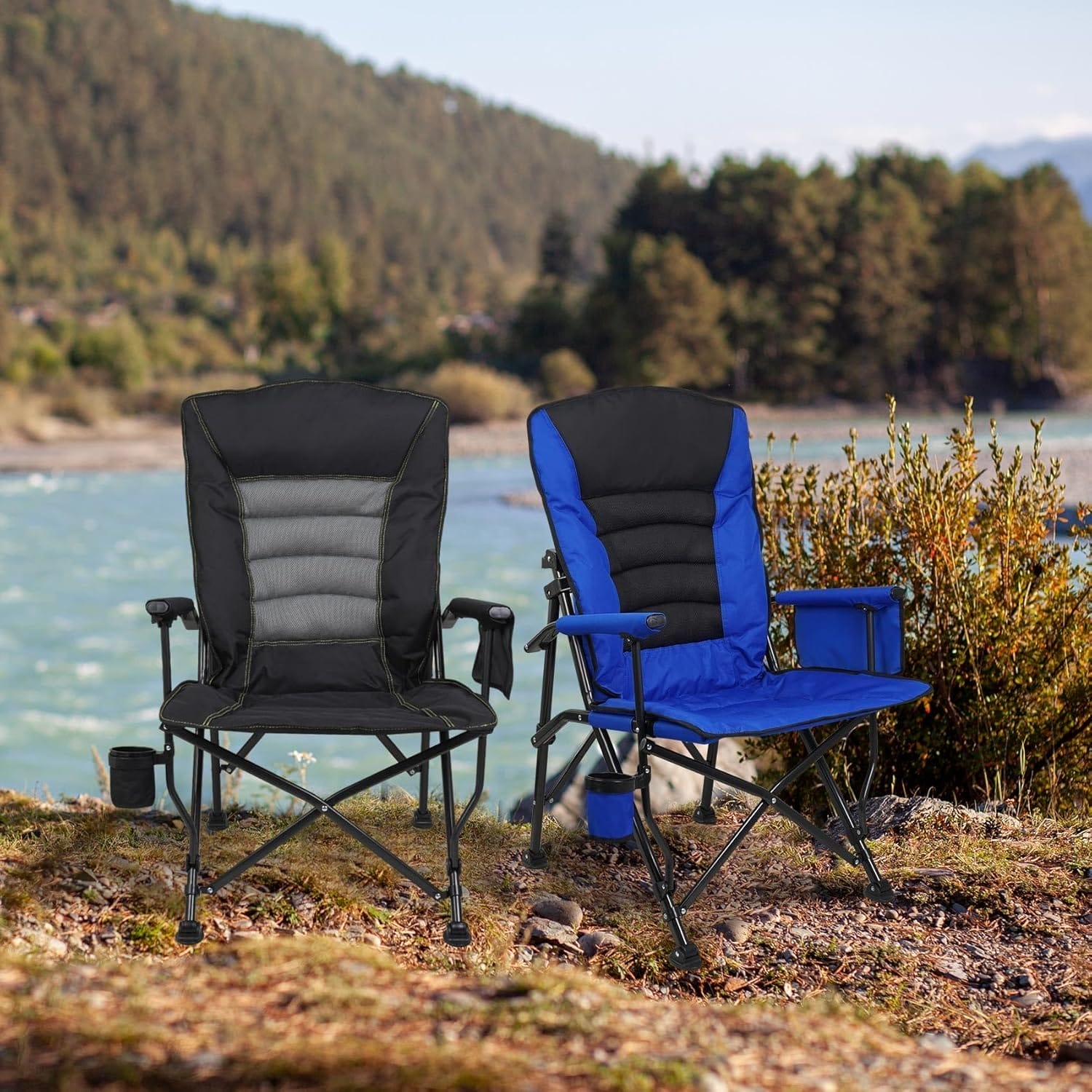 Outdoor Folding Camping Chair Heavy Duty Movable High Back Collapsible Padded Chair with Storage Bag for Outside Camping Activities, Black - Image 7