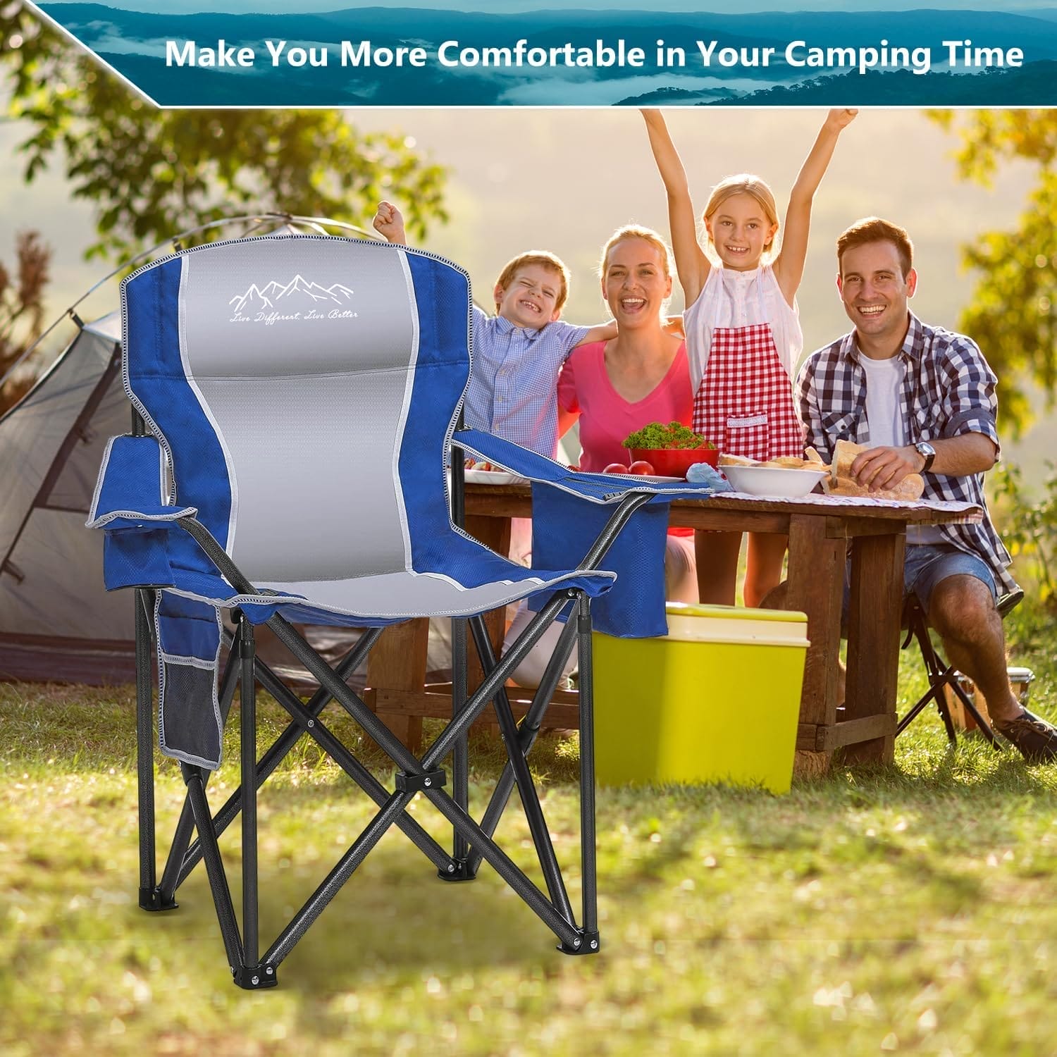 Folding Camping Chair, Heavy Duty Portable Lawn Chairs with Cooler Bag, Side Pocket & Cup Holder, Folding Chairs for Outside Support 450lbs Blue - Image 7