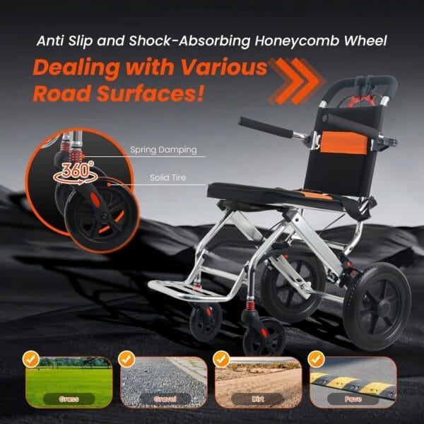 Ultra Lightweight Folding Wheelchair for Adults, 12" Big Rear Tires Transport Wheelchairs, Foldable Portable Travel Wheelchairs for Adults and Seniors Support 220lbs, Airline Approved - Image 3