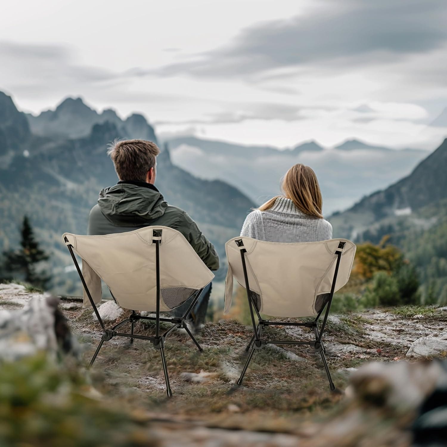 Lightweight Camping Chairs with Adjustable Height, Portable Camping Chairs for Adults with Carry Bag and Side Pockets, Folding Chairs for Outside for Camping, Beach, Fishing, Trip, Picnic (Khaki) - Image 2