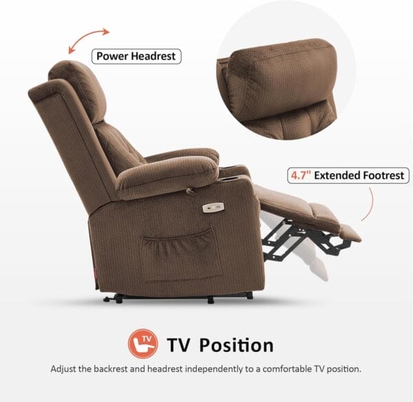MCombo Large Triple Motor Power Lift Recliner Chair with Massage and Heat for Elderly People, Adjustable Headrest, Infinite Position, USB Ports, Fabric 7662 (Brown, Large) - Image 7