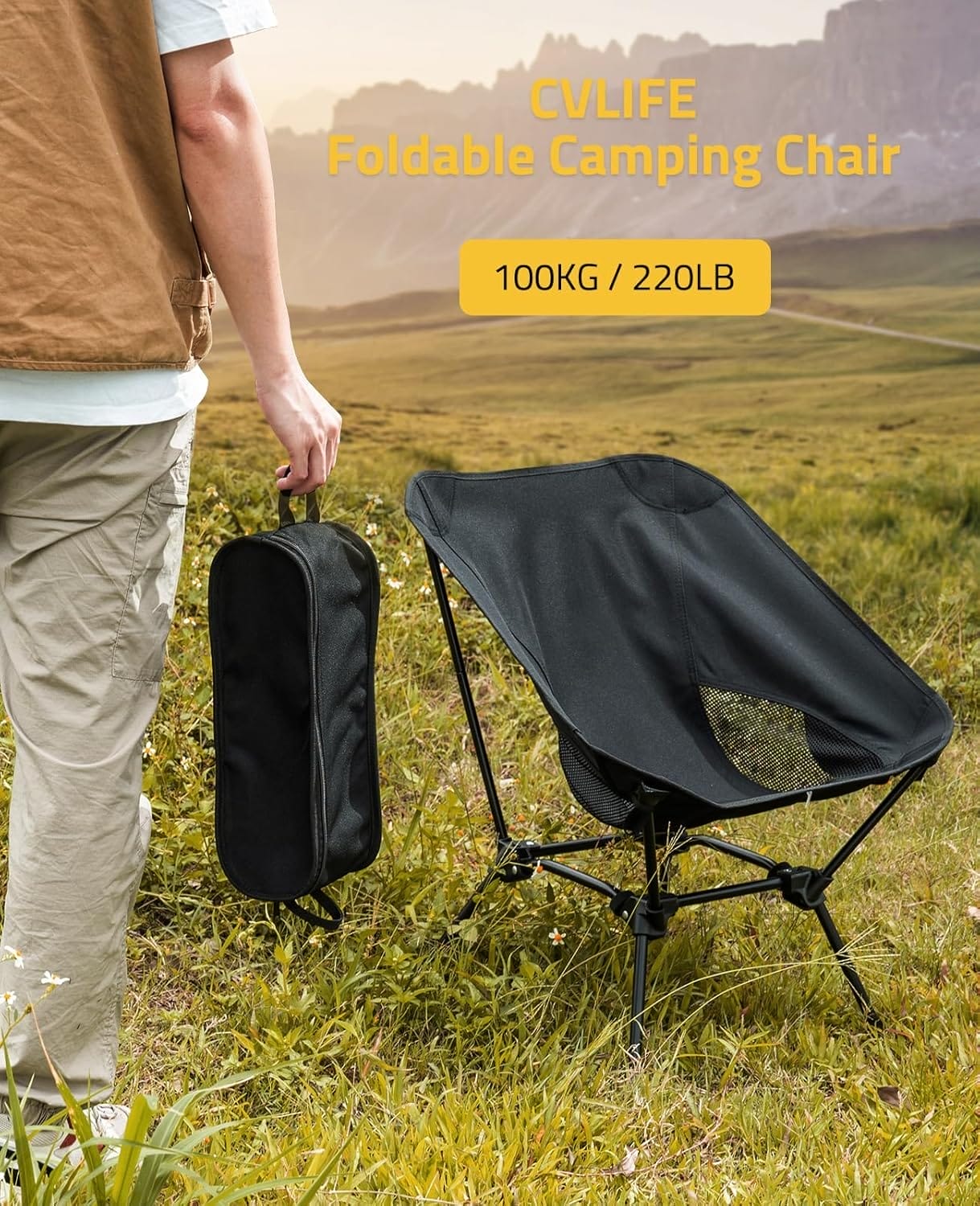 CVLIFE Camping Chair Portable Folding Backpacking Chair for Outside Hunting Fishing Hiking Black - Image 4
