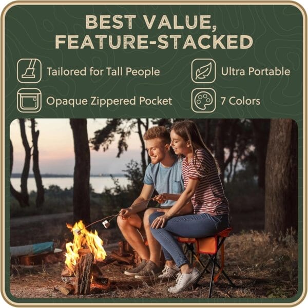 Foldable Tripod Stool - Ultra Portable Seat for Tall People, 20” High - Hunting Chair & Hidden Zippered Pocket - 2 lb Camping Stool, 3 Legged Strong Steel Stool Holds up to 200 lb (Orange) - Image 2