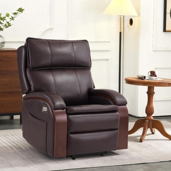MCombo Power Lift Recliner Chair Sofa with Massage and Heat, Adjustable Headrest for Elderly People, Solid Wood Armrest, USB Ports, Side Pockets, Faux Leather 7917 (Dark Brown, Medium) - Image 2