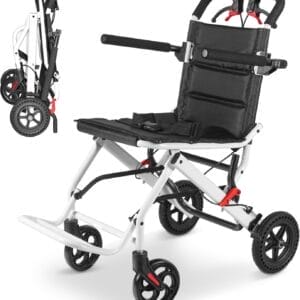 Ultra-Lightweight Portable Transport Wheelchair Foldable Travel Wheelchair Lightweight Foldable with Handbrake for Adults and Seniors（White）