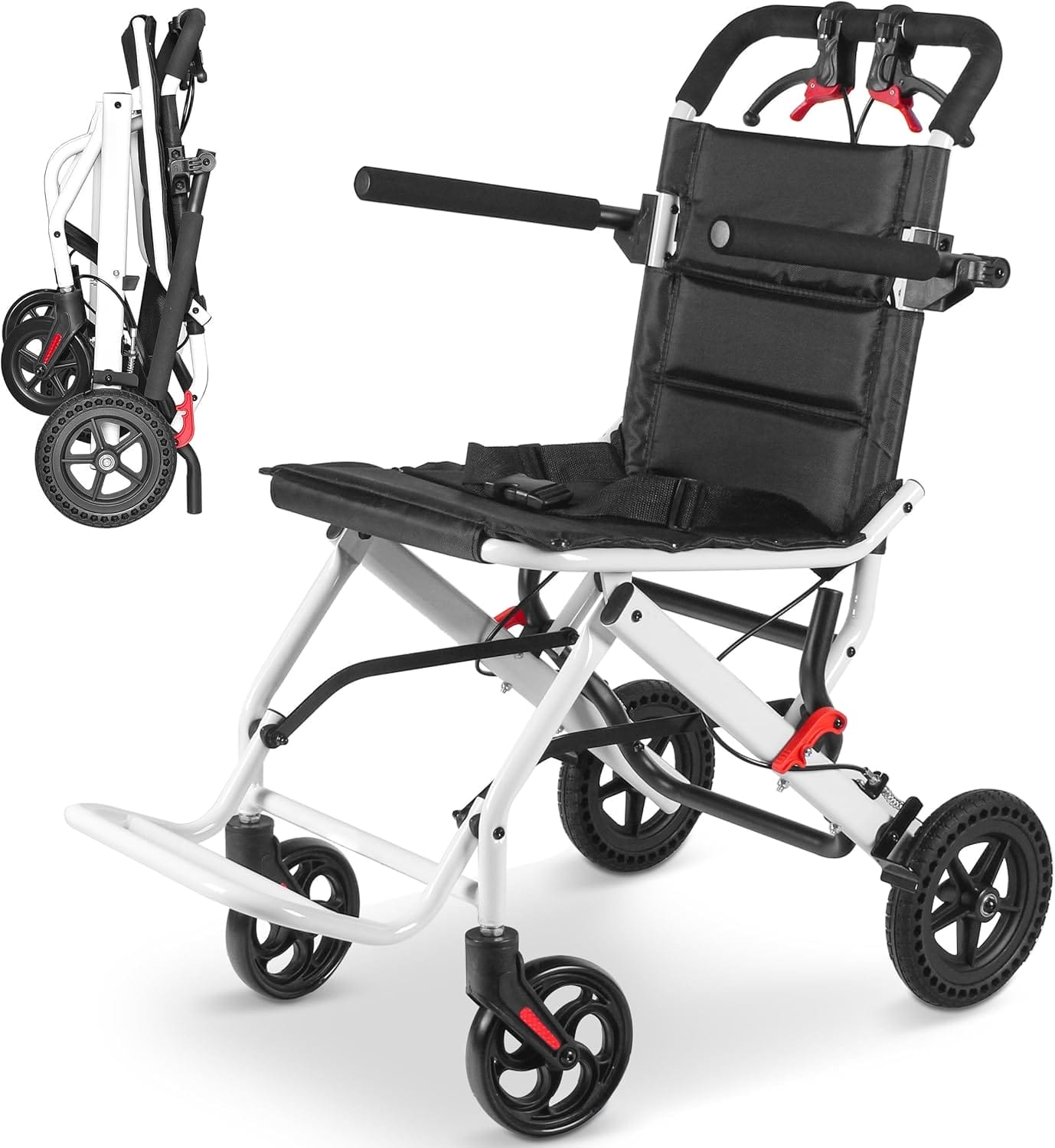 Ultra-Lightweight Portable Transport Wheelchair Foldable Travel Wheelchair Lightweight Foldable with Handbrake for Adults and Seniors（White）