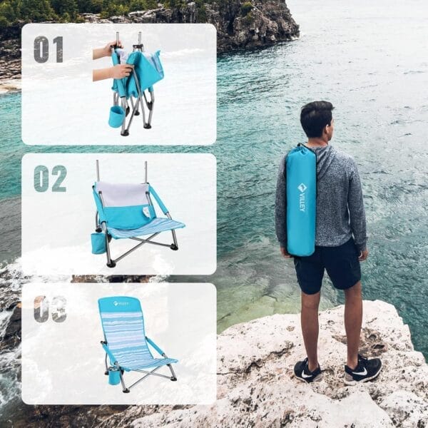 VILLEY Low Beach Chairs for Adults 2 Pack, High Back Folding Beach Chairs, Lightweight and Portable for Outdoor, Beach, Camping, Lawn, Music Festival, with Cup Holder and Carry Bag-Blue Stripes - Image 6