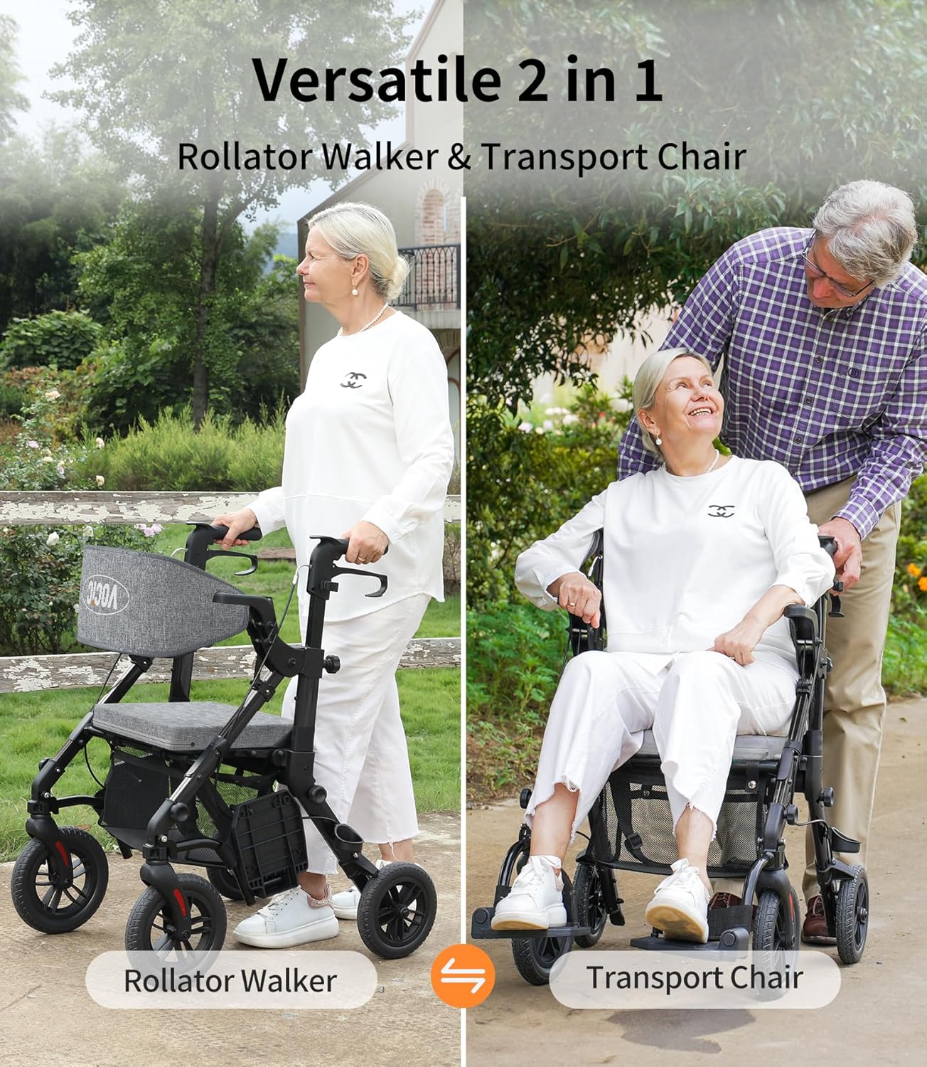 Rollator-Walkers-for-Seniors-with-Seat, Walker Wheelchair Combo, Transport-Wheelchair-Lightweight-Foldable, Adult Walkers All Terrain, 2 in 1 Rolling Walker Chair with Brakes & Pouch-2024 New - Image 2