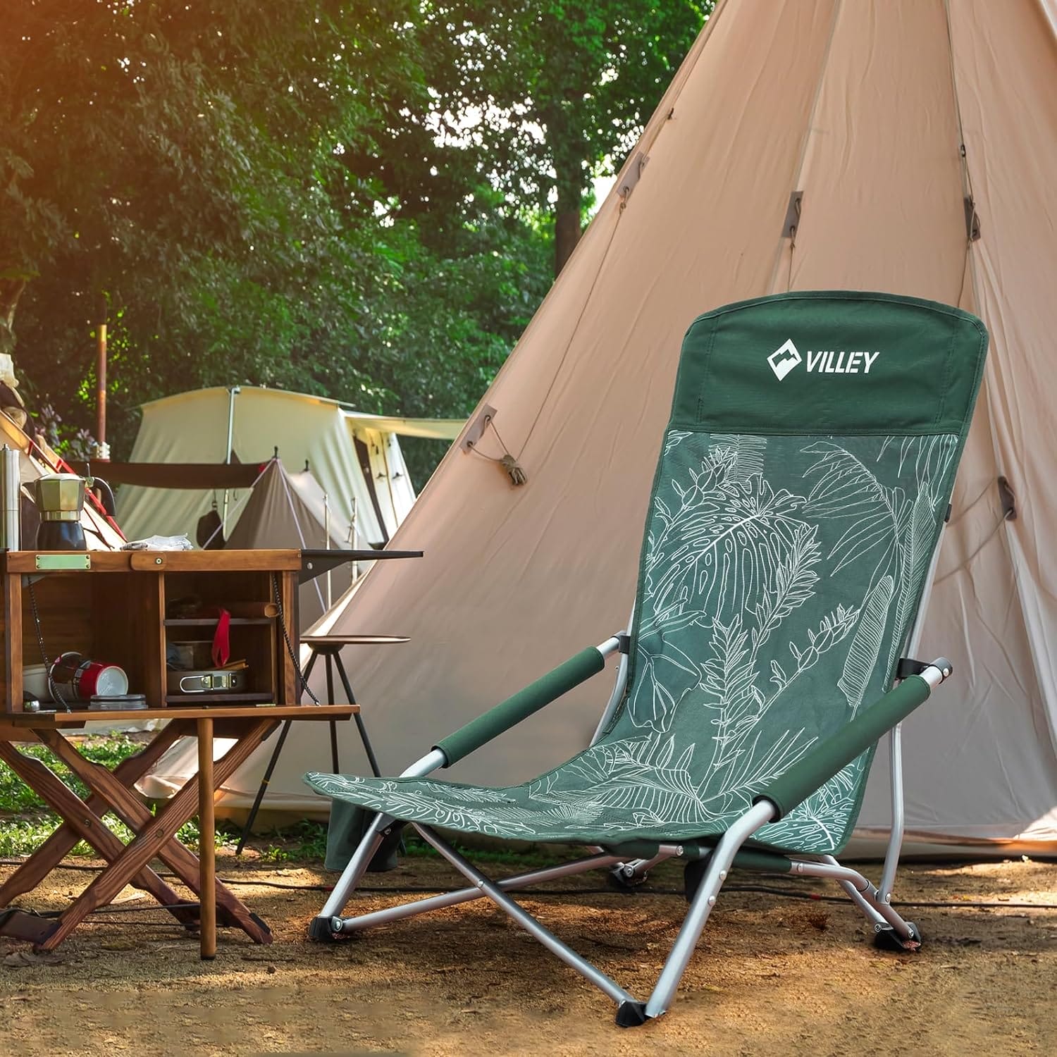 VILLEY Low Beach Chair, High Back Folding Adult Chair, Lightweight & Portable for Outdoor, Beach, Camping, Lawn, Music Festival, with Cup Holder & Carry Bag - Vintage Green Leaves - Image 2