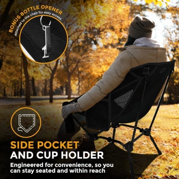 Adjustable Folding Camping Chairs, Ultra Light Backpacking Chair, Portable Folding Chair with Side Pocket and Cup Holder Bonus Bottle Opener Camping Chair (Black) - Image 6