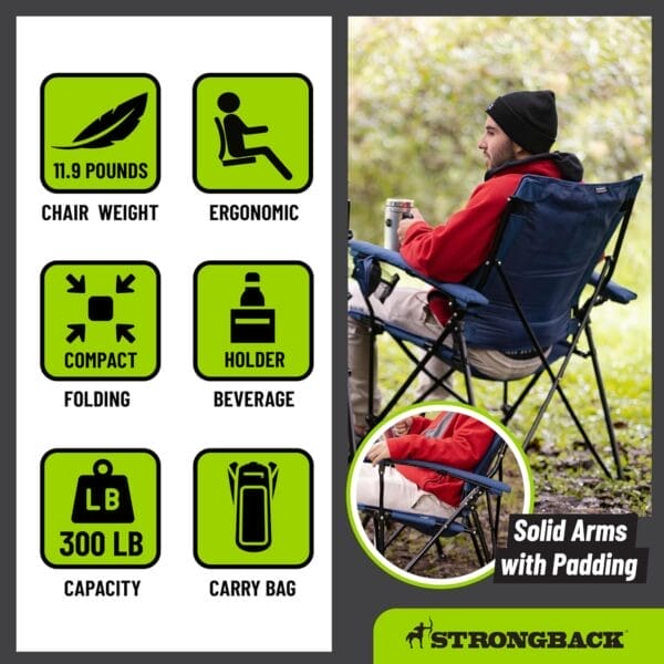 STRONGBACK Elite Folding Camping Lawn Lounge Chair Heavy Duty Camp Outdoor Seat with Lumbar Support and Portable Carry Bag - Black/Grey - Image 6