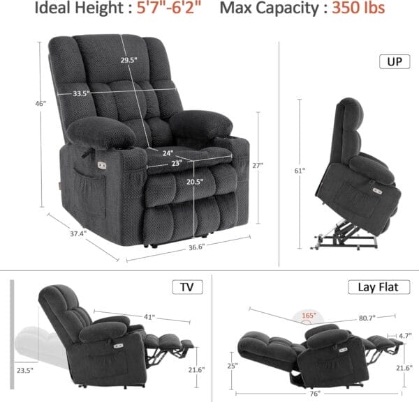 MCombo Large Dual Motor Power Lift Recliner Chair Sofa with Massage and Heat for Tall Elderly People, Infinite Position, USB Ports, Cup Holders, Fabric 7896 (Large, Dark Gray) - Image 2