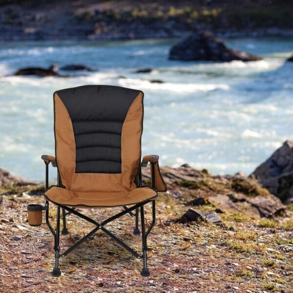 Outdoor Folding Camping Chair Heavy Duty Movable High Back Collapsible Padded Chair with Storage Bag for Outside Camping Activities, Brown - Image 2