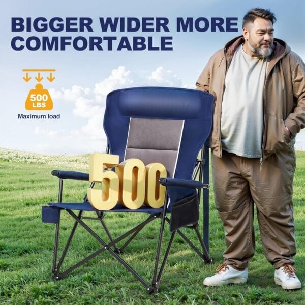 LET'S CAMP Oversized Camping Chairs 29.52" High Back Heavy Duty Lawn Chair Support 500LBS, Portable Collapsible Chair with Cup Holder, Side Pocket,2 Pack(Blue) - Image 3