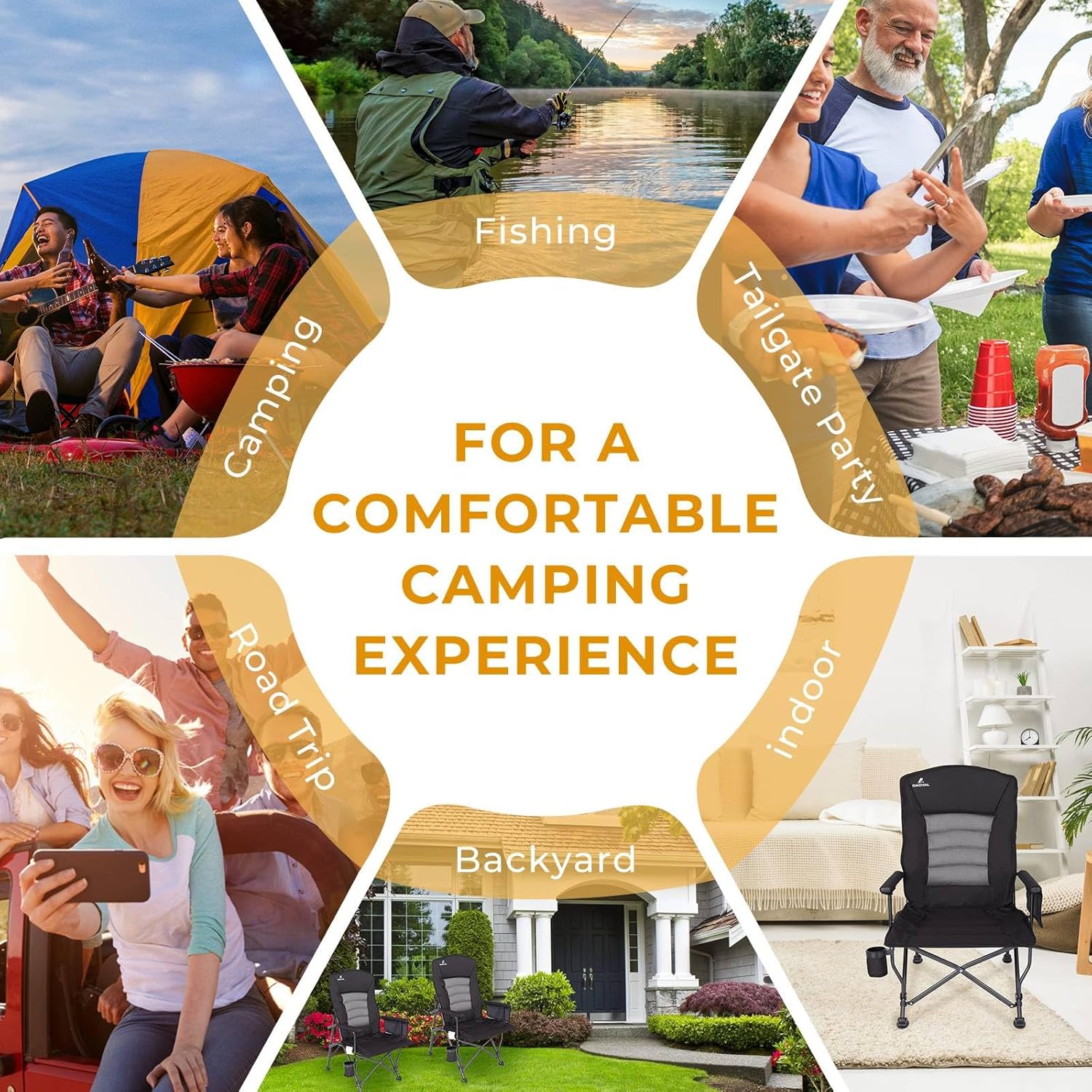 Camping Chairs for Adults, Adjustable Backrest Heavy Duty Oversized Folding Chair Supports 350lbs for Outside with Cup Holder&Side Pocket, Outdoor Folding Camp Chair Beach Chair with High Back (Black) - Image 6