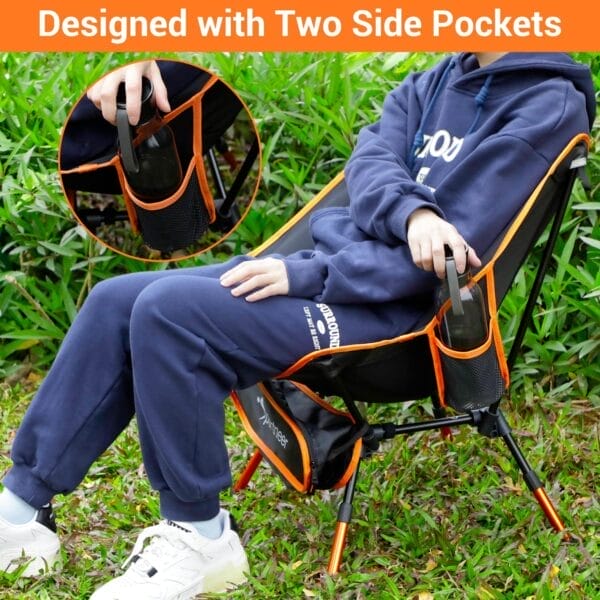 Sportneer Camping Chairs: 3 Heights Adjustable Folding Chairs for Outside with 2 Side Pockets - Compact & Portable Lawn Chairs for Backpacking, Camping, Hiking, Picnic and Travel (2, Orange) - Image 5