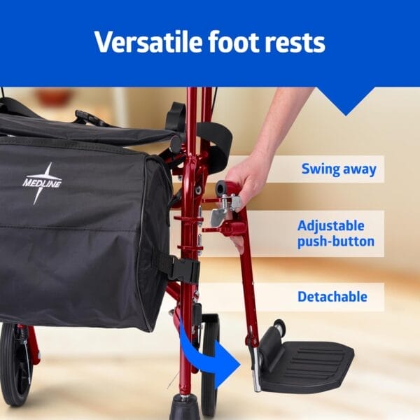 Medline Red Combination Rollator and Transport Chair, Desk-Length Arms, Swing Away Footrests, Red Frame - Image 4
