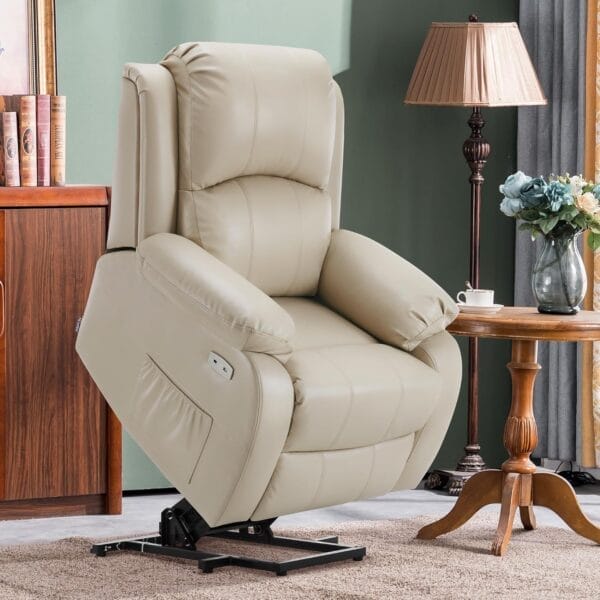 MCombo Small-Regular Power Lift Recliner Chair with Massage and Heat for Petite Elderly People, 3 Positions, 2 Side Pockets, USB Ports, Faux Leather 7408 (Beige, Small-Regular) - Image 2