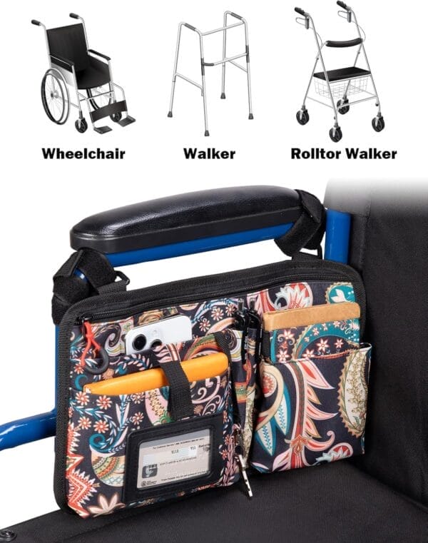 JOYTUTUS Wheelchair Side Bag, Upgraded Walker Pouch Bag with Cup Holder, Wheelchair Armrest Accessories for Walker, Rollator, Electric Scooter Wheelchairs, Ideal Gift for Seniors, Black Pattern - Image 6