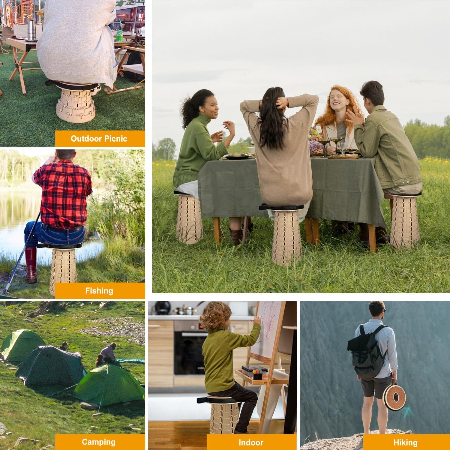 Collapsible Stool, Folding Stool with PU Cushion, Portable Foldable Stool 12 Levels and Load Capacity 500lbs, Travel Chair Backpack Chair for Camping/Fishing/Hiking/BBQ and for Adults - Image 3