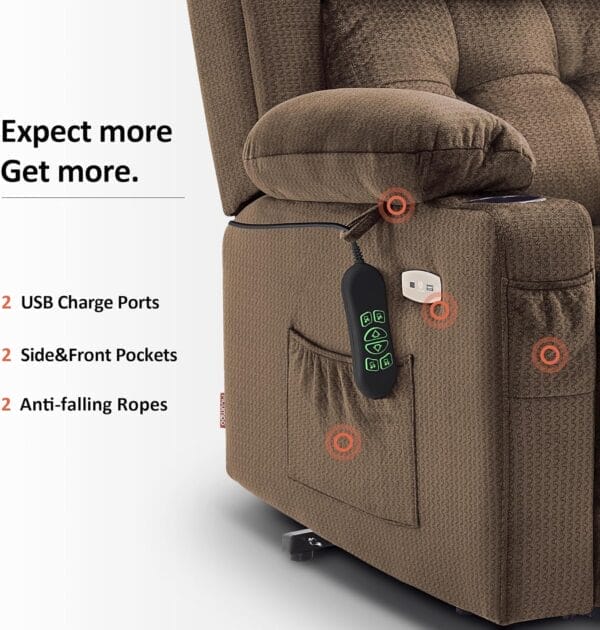 MCombo Large Triple Motor Power Lift Recliner Chair with Massage and Heat for Elderly People, Adjustable Headrest, Infinite Position, USB Ports, Fabric 7662 (Brown, Large) - Image 8