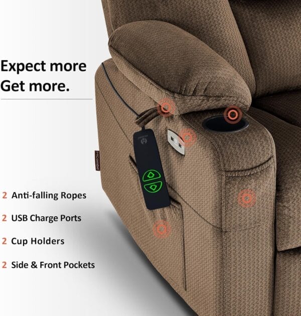MCombo Large Power Lift Recliner Chair with Massage and Heat for Big and Tall Elderly People, Cup Holders, USB Ports, Side Pockets, Fabric R7541 (Brown, Large-Wide) - Image 8