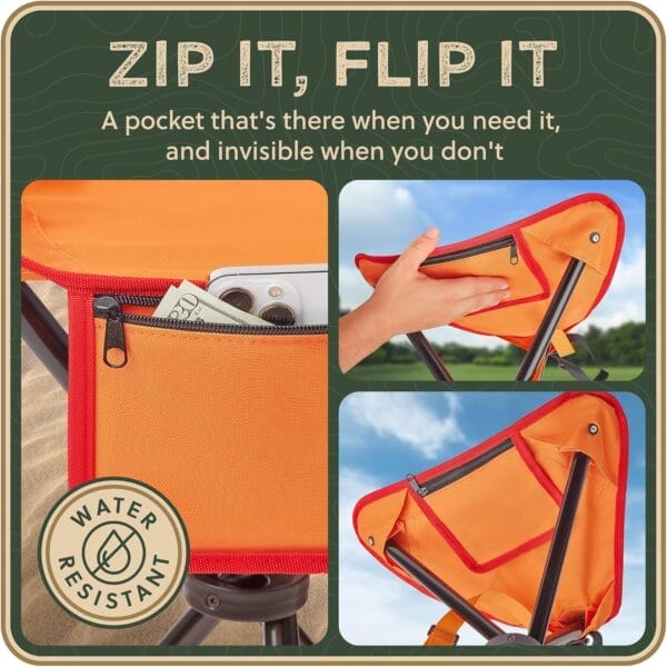 Foldable Tripod Stool - Ultra Portable Seat for Tall People, 20” High - Hunting Chair & Hidden Zippered Pocket - 2 lb Camping Stool, 3 Legged Strong Steel Stool Holds up to 200 lb (Orange) - Image 4