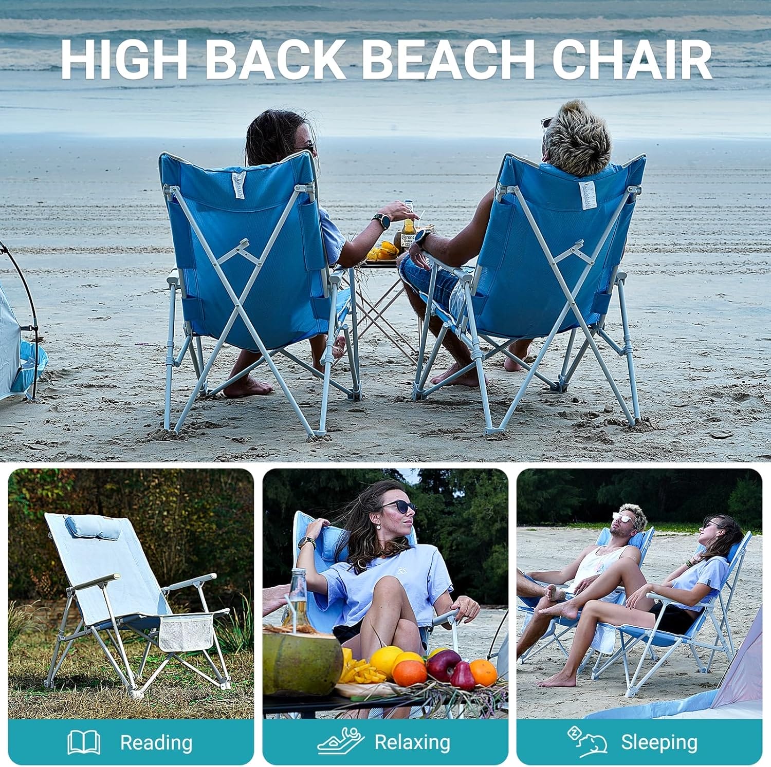 #WEJOY Oversized Heavy Duty Beach Chair,Folding High Back Portable Camping Lawn Chairs for Adults with Armrest,Headrest,Pocket for Outdoor Camp Festival Sand Concert Travel Picnic BBQ Sport,265 LBS - Image 3