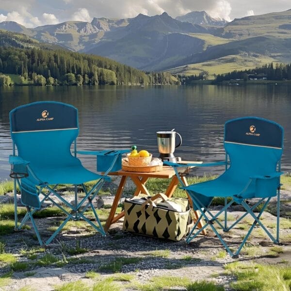 ALPHA CAMP Folding Camping Chairs for Adults Lawn Chairs Outdoor Chairs Support 250 LBS Portable Camp Chairs with Cup Holders Cooler Pouch for Outdoor, 2 Pack (Blue) - Image 2