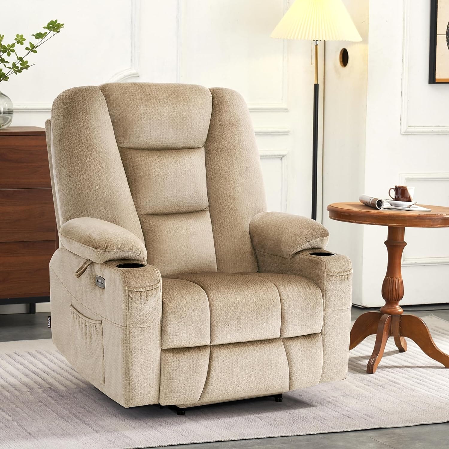 MCombo Large Power Lift Recliner Chair with Massage and Heat for Big and Tall Elderly People, Cup Holders, USB Ports, Side Pockets, Fabric R7541 (Beige, Large-Wide) - Image 2