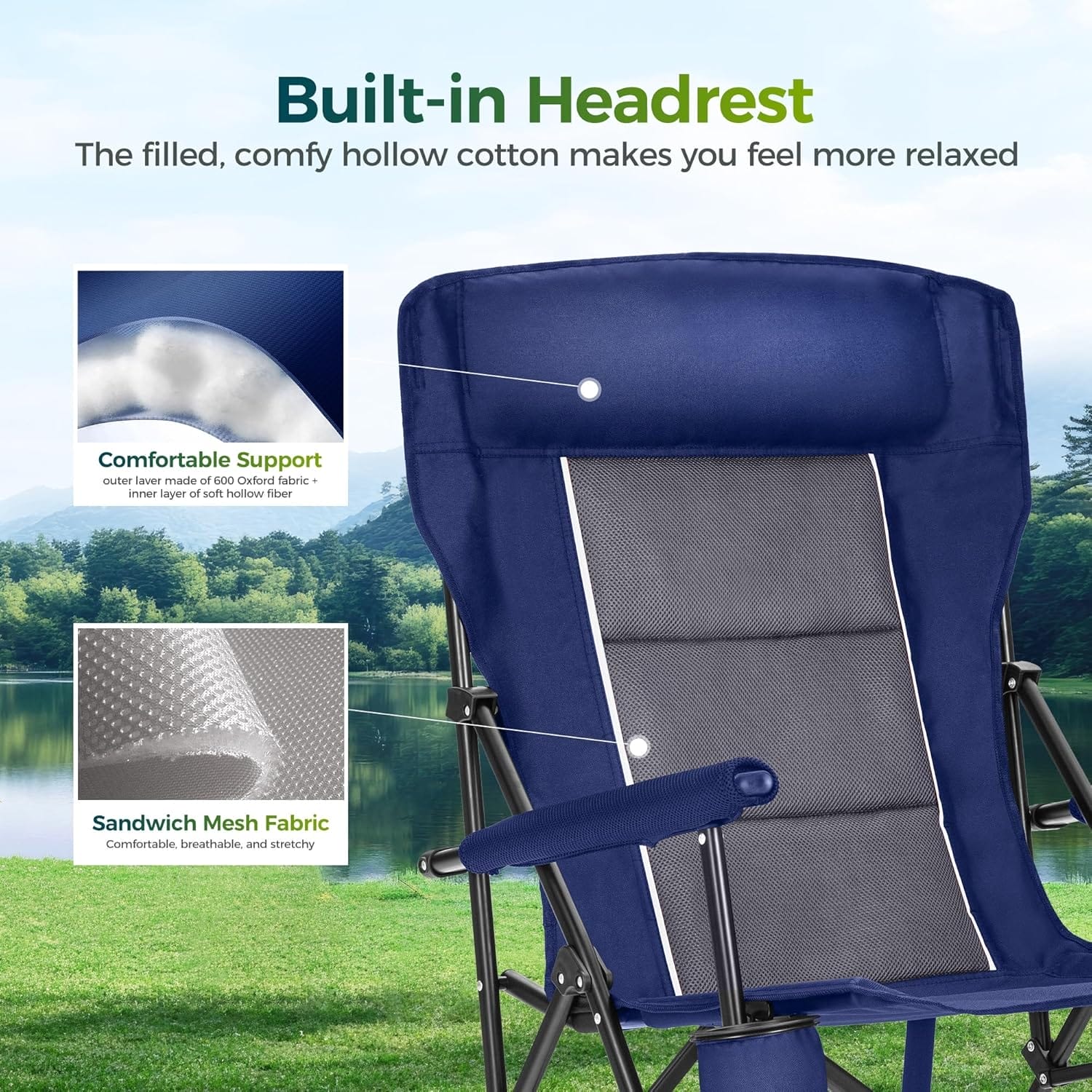 ALPHA CAMP Oversized Folding Camping Chairs High Backrest Heavy Duty Lawn Chairs for Adults Support 500 LBS Portable Camp Chairs with Cup Holders Large Side Pocket for Outdoor - Image 3