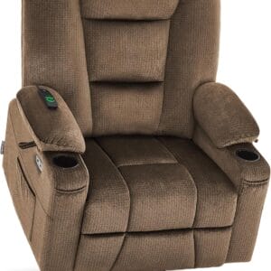 MCombo Large Power Lift Recliner Chair with Massage and Heat for Big and Tall Elderly People, Cup Holders, USB Ports, Side Pockets, Fabric R7541 (Brown, Large-Wide)
