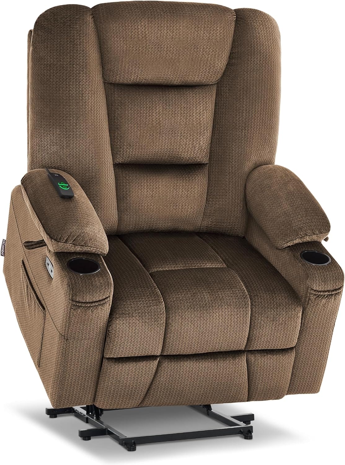 MCombo Large Power Lift Recliner Chair with Massage and Heat for Big and Tall Elderly People, Cup Holders, USB Ports, Side Pockets, Fabric R7541 (Brown, Large-Wide)