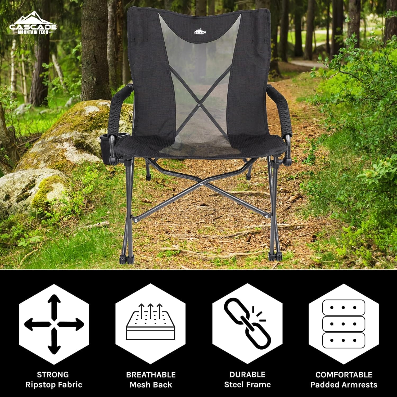Cascade Mountain Tech Folding Camp Chair for Camping, Beach, Picnic, Barbqeues, Sporting Events with Carry Bag