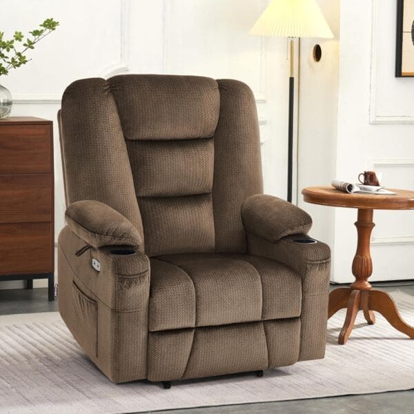 MCombo Large Power Lift Recliner Chair with Massage and Heat for Big and Tall Elderly People, Cup Holders, USB Ports, Side Pockets, Fabric R7541 (Brown, Large-Wide) - Image 2