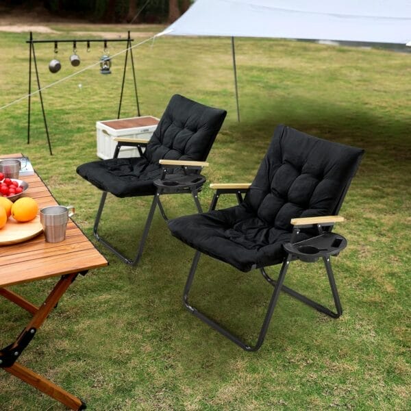 KINGBO 2 Pack Folding Camping Chairs - Portable Camp Chairs with Cushion and Cup Holder, Folding Lawn Chairs for Adults, Heavy Duty Folding Chairs for Outside Camping Hiking Fishing Beach, Black - Image 2