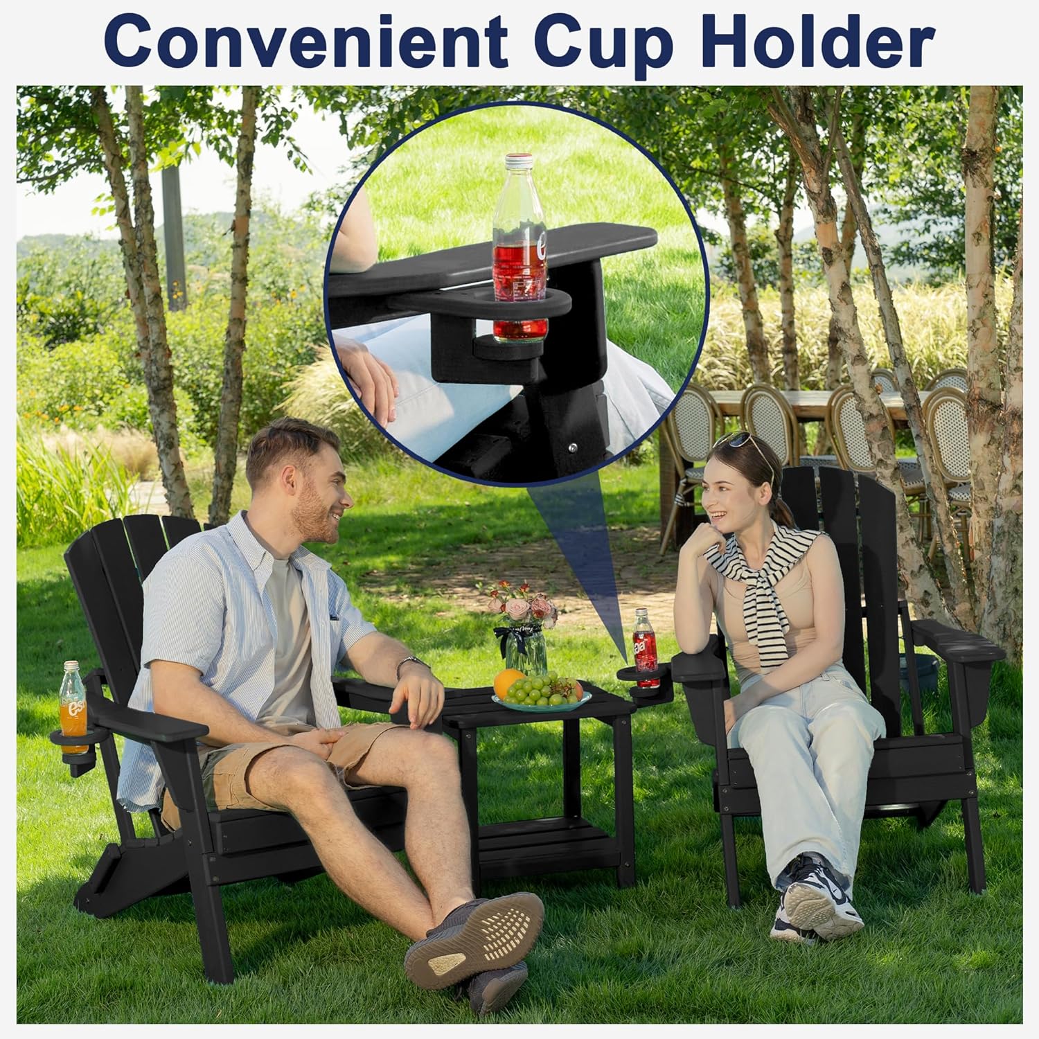 Folding Adirondack Chair, SGS Tested, Wooden Textured with Cup Holder, Heavy All-Weather HDPE Comfortable Set Poolside Backyard Lawn Black - Image 4