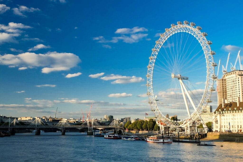 Iconic London Eye in front of Thames River.