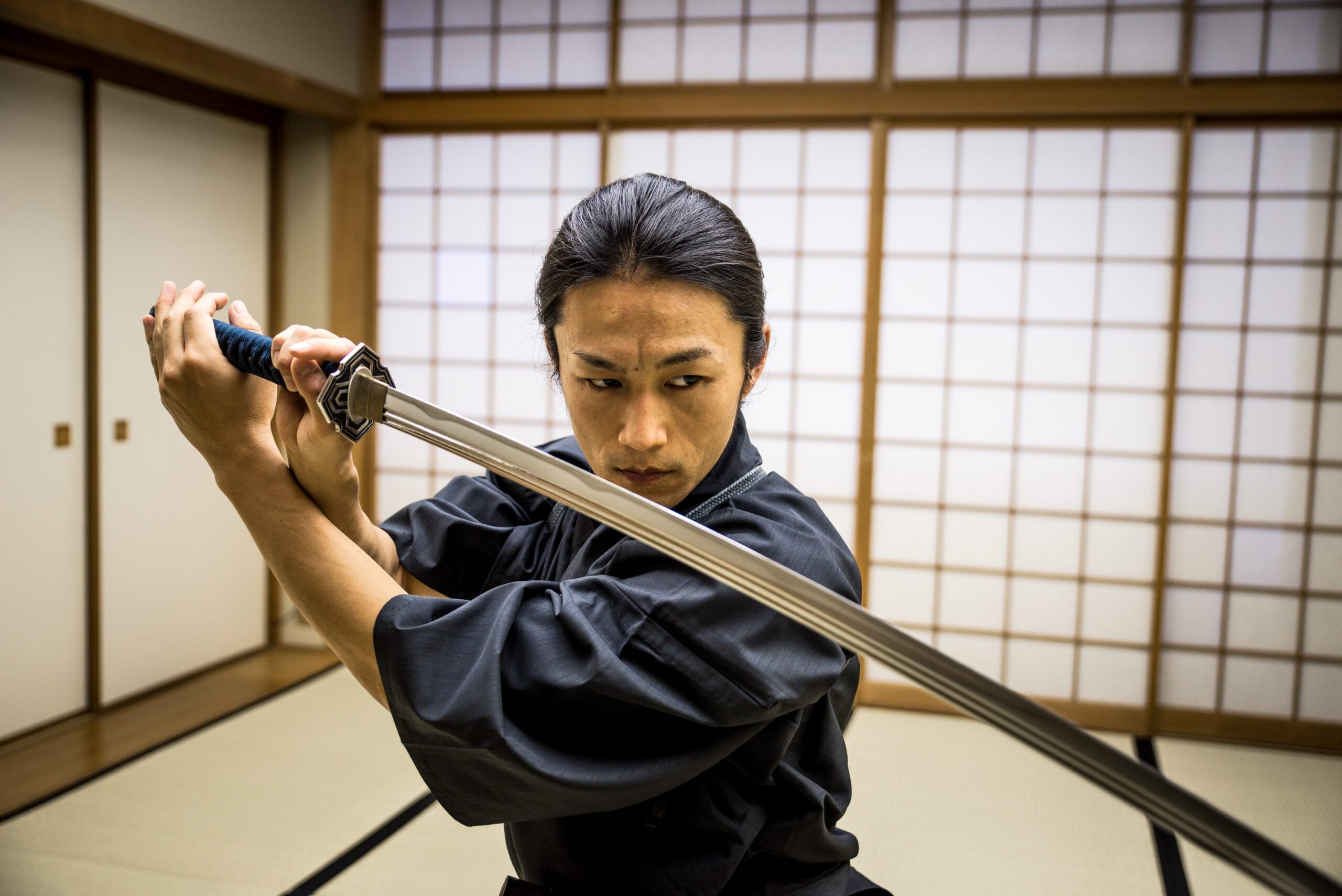 Samurai training in a traditional dojo, in Tokyo.